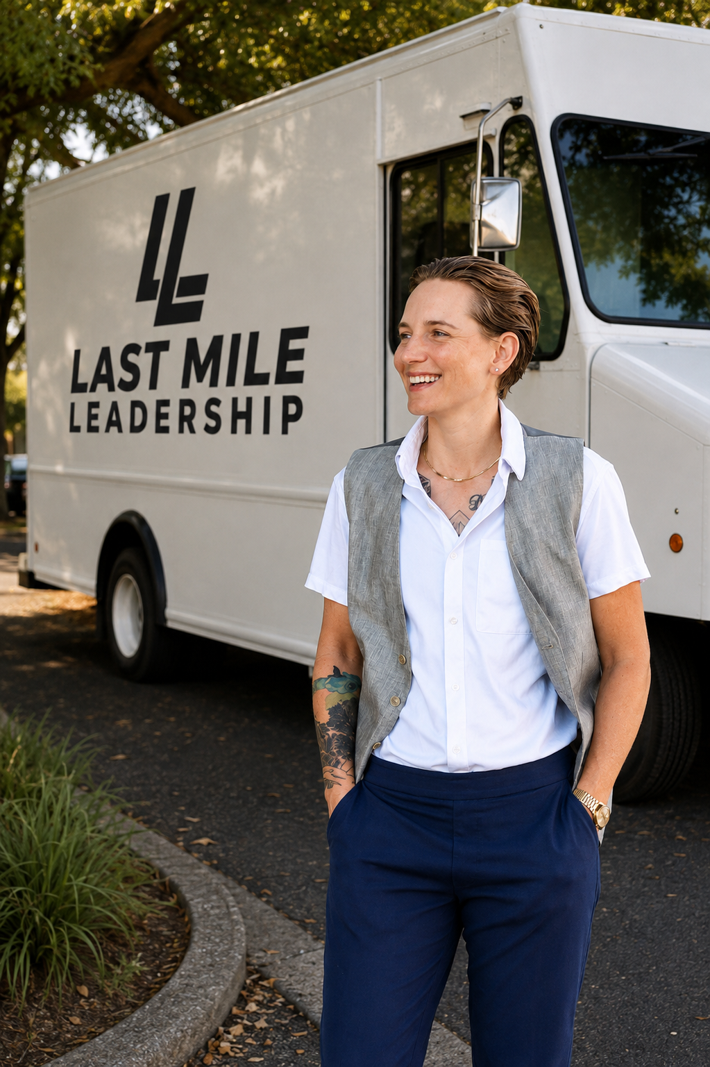 Kelsey Turner beside a Last Mile Leadership branded delivery truck
